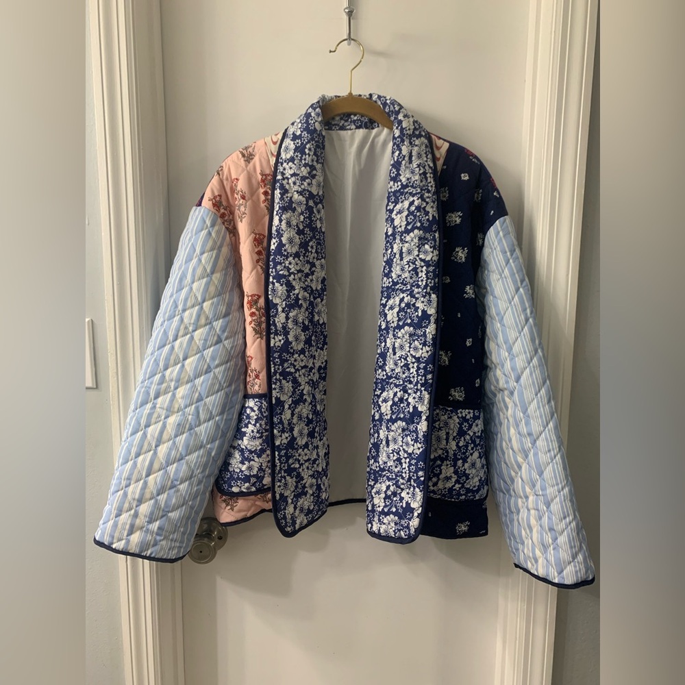 Sunday Up Floral Patchwork Quilted Jacket - Blue and Pink